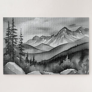 Black and white landscape painting of mountains jigsaw puzzle
