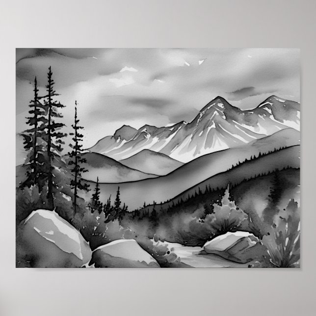 Black and white landscape painting of mountains  poster (Front)