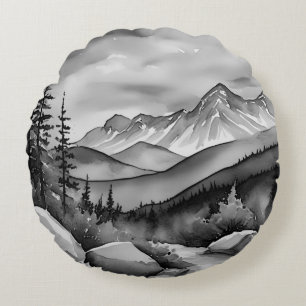 Black and white landscape painting of mountains round pillow