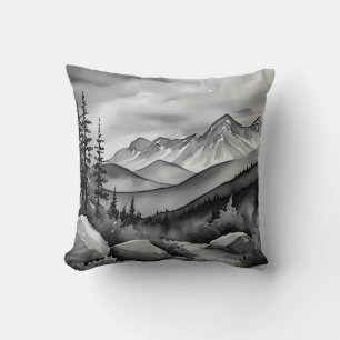 Black and white landscape painting of mountains throw pillow