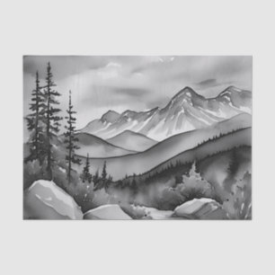 Black and white landscape painting of mountains tissue paper
