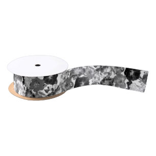 Black and White Large Bloom Roses Satin Ribbon