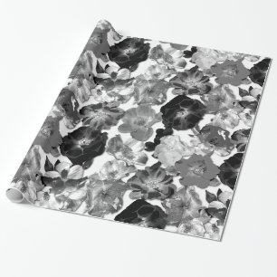 Black and White Large Bloom Roses Wrapping Paper