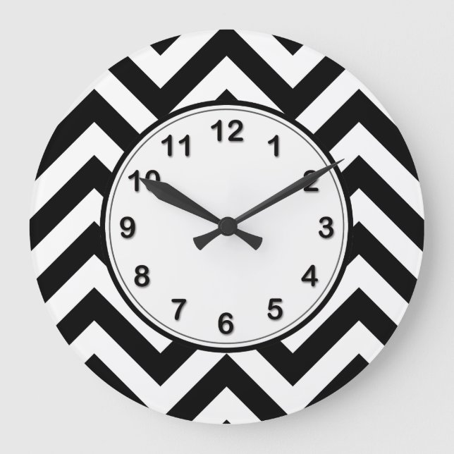 Black and White Large Chevron ZigZag Pattern Clock (Front)