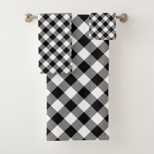 Black and White Large Size Diagonal Gingham Checks Bath Towel Set