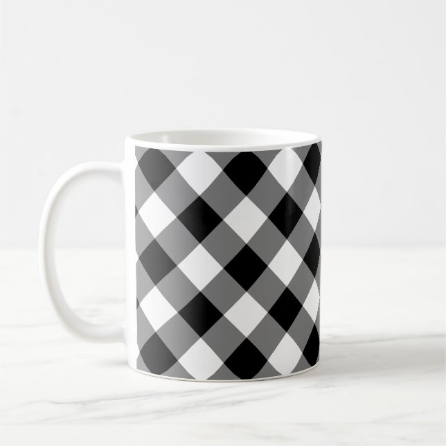 Black and White Large Size Diagonal Gingham Checks Coffee Mug (Left)