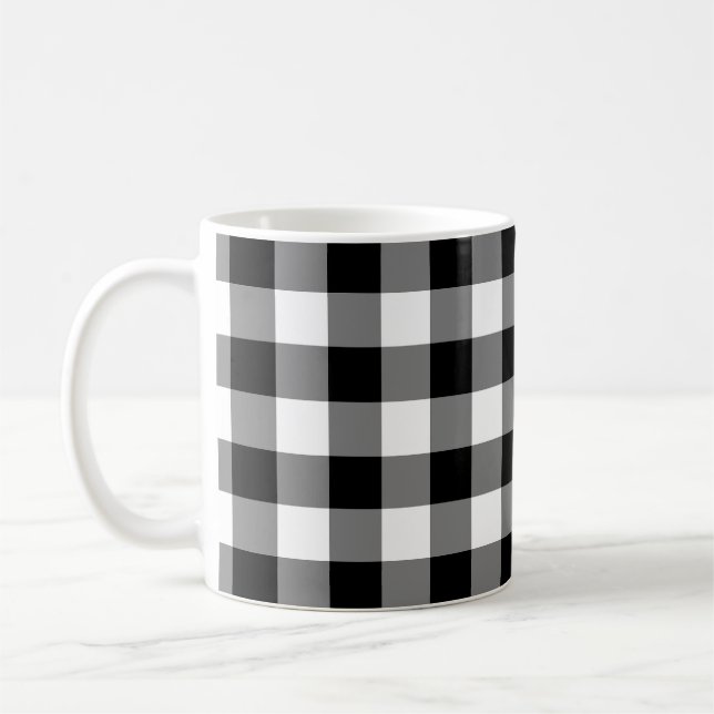 Black and White Large Size Gingham Checks Coffee Mug (Left)