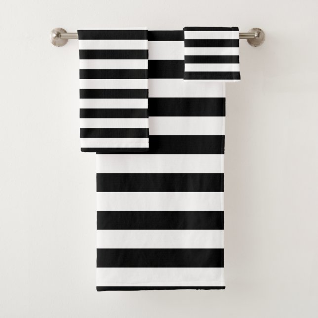 Black and White Large Size Horizontal Stripes Bath Towel Set (Insitu)