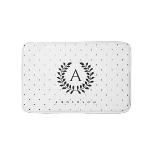Black And White Laurel Monogram Polka Dot Pattern Bath Mat