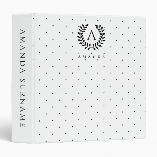 Black And White Laurel Monogram Polka Dot Pattern Binder (Front/Spine)