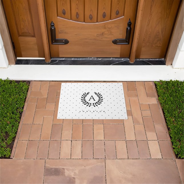 Black And White Laurel Monogram Polka Dot Pattern Doormat (Outdoor)