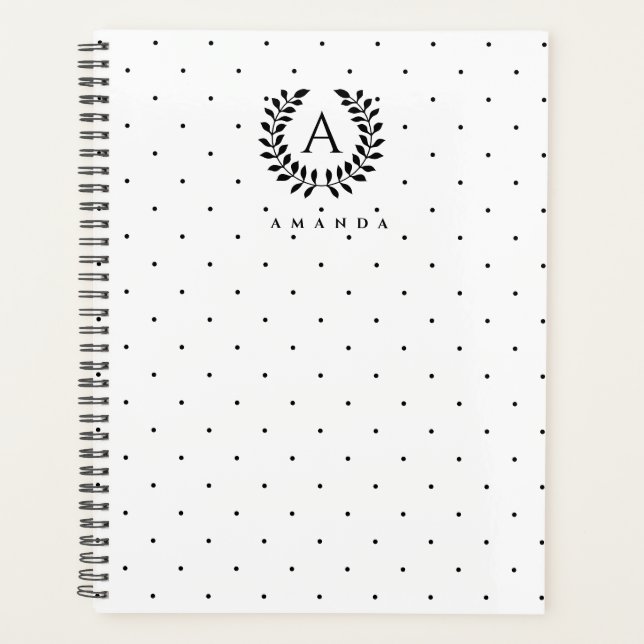 Black And White Laurel Monogram Polka Dot Pattern Planner (Front)