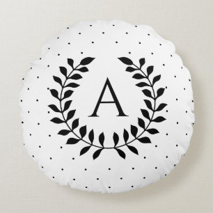 Black And White Laurel Monogram Polka Dot Pattern Round Pillow