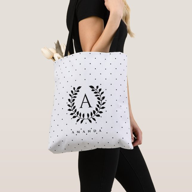 Black And White Laurel Monogram Polka Dot Pattern Tote Bag (Close Up)
