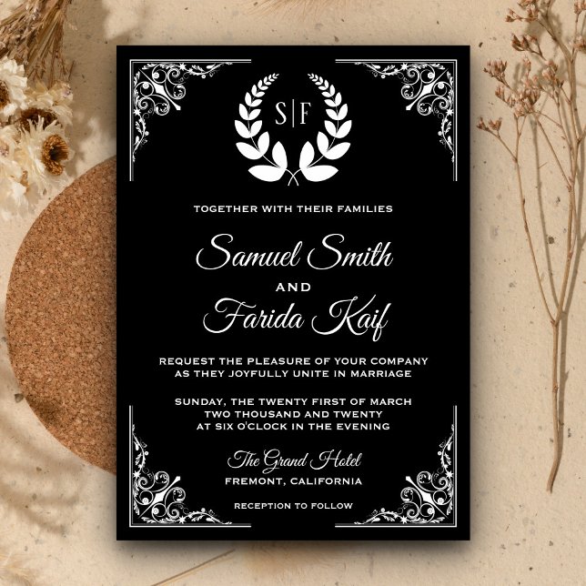 Black and White Laurel Monogram Wedding Invitation (Creator Uploaded)