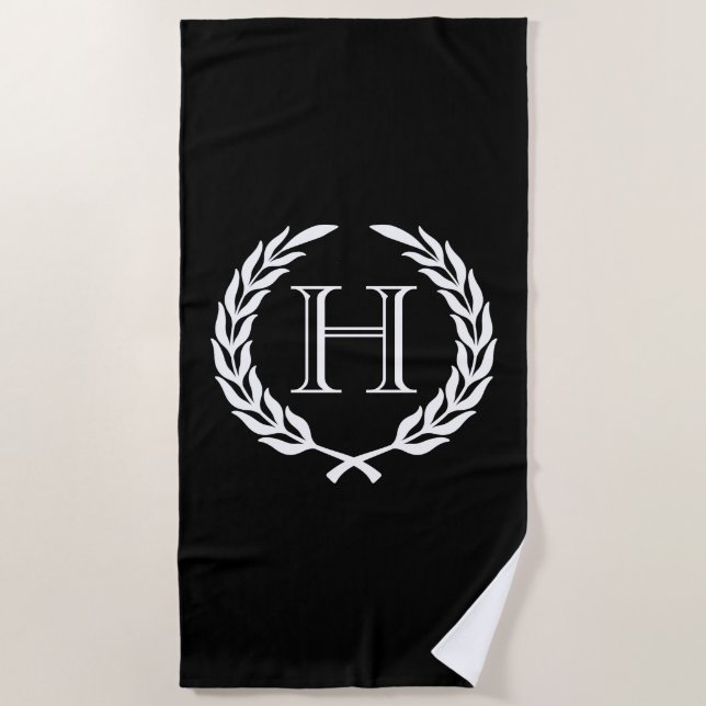 Black and White Laurel Wreath Beach Towel (Front)