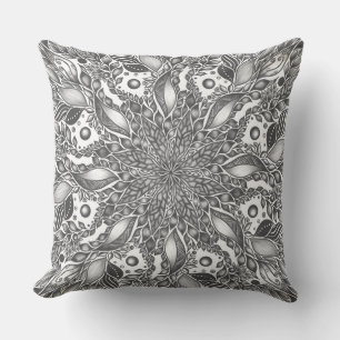 Black and white leaf mandala throw pillow