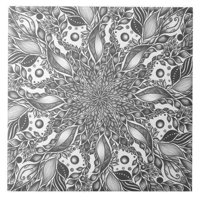 Black and white leaf mandala  tile (Front)
