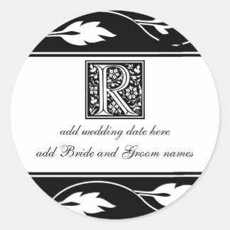 Black And White Leaf Monogram R Classic Round Sticker