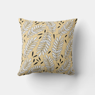 Black and white leaf pattern with beige background throw pillow