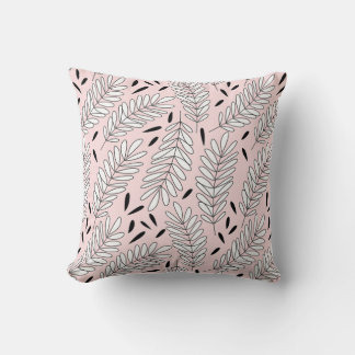 Black and white leaf pattern with pink background throw pillow