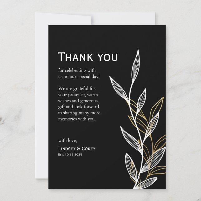 Black and White Leaf Thank You Card for Wedding (Front)