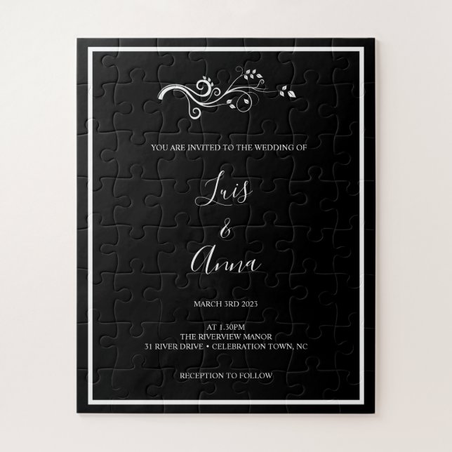 Black and White Leaf Wedding Invitation Puzzle (Vertical)