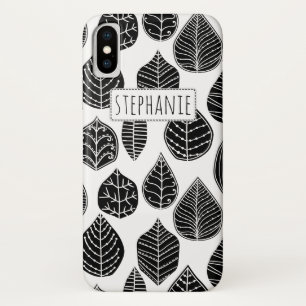 Black and white leaves pattern and name iPhone x case