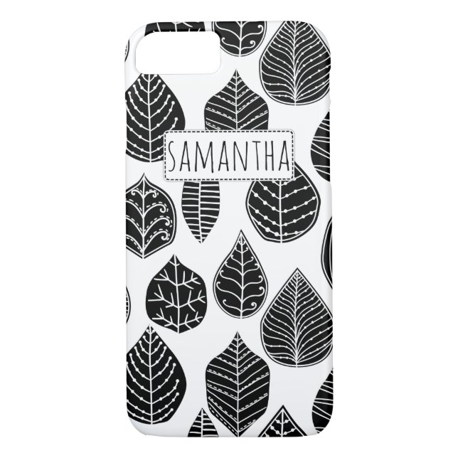 Black and white leaves pattern and name Case-Mate iPhone case (Back)