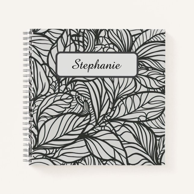 Black and White Leaves Pattern Personalized Notebook (Front)