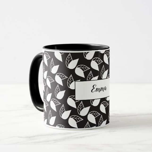 Black and white leaves personalized mug (Front Left)