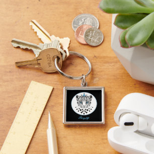Black and White Leopard Crown Keychain Personalize