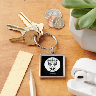 Black and White Leopard Crown Keychain Personalize