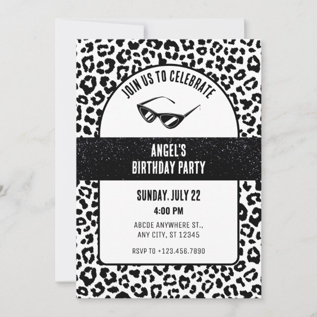 Black and white Leopard glitter birthday Invitation (Front)