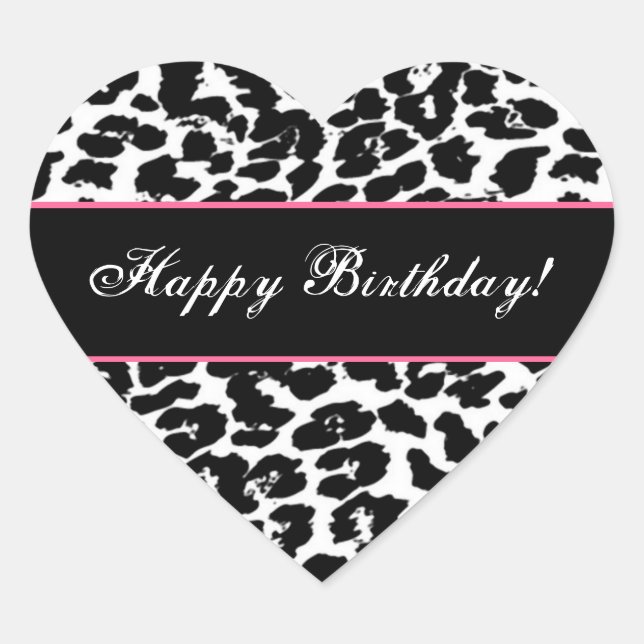 Black and White  Leopard Happy Birthday G561 Heart Sticker (Front)