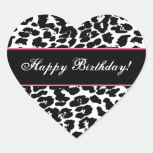 Black and White  Leopard Happy Birthday G561 Heart Sticker