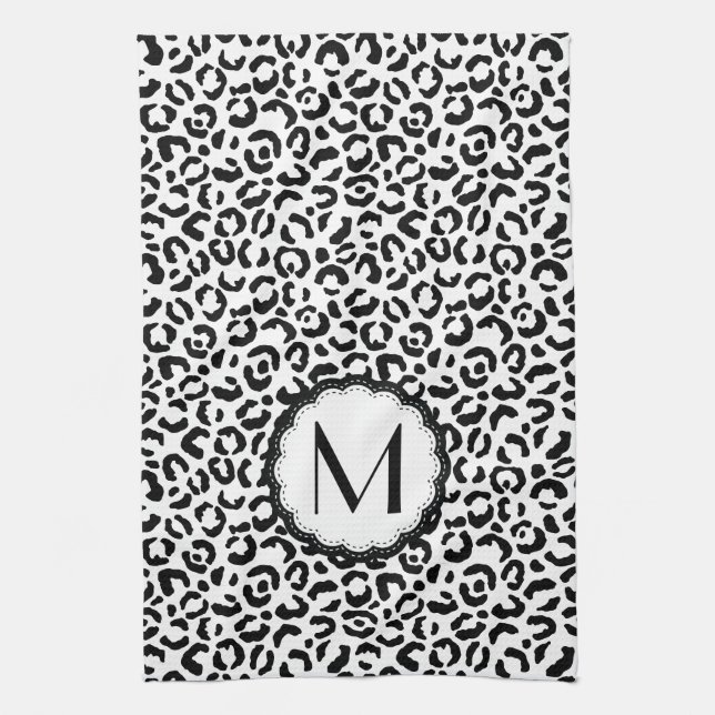 Black and White Leopard Monogram Kitchen Towel (Vertical)