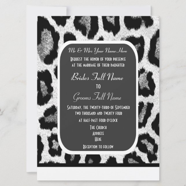 Black and white leopard print wedding invitation (Front)