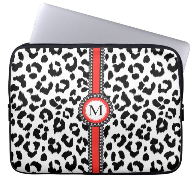 black and white leopard print  with monogram laptop sleeve (Front)