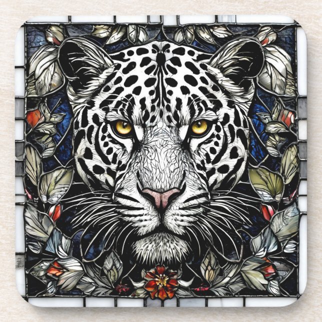 Black and white leopard surrounded by flowers coaster (Front)