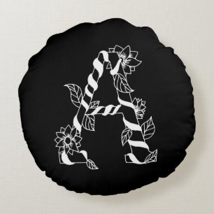 Black and White Letter "A" with Twining Flowers Round Pillow