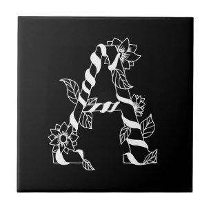 Black and White Letter "A" with Twining Flowers Tile