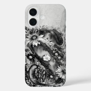 Black and White Letter S Trippy Floral Watercolor  iPhone 16 Case