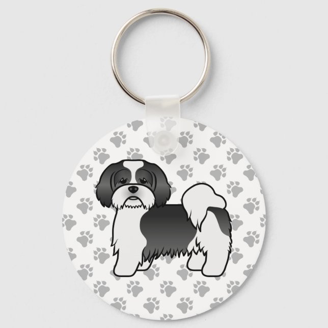 Black And White Lhasa Apso Cute Cartoon Dog Keychain (Front)