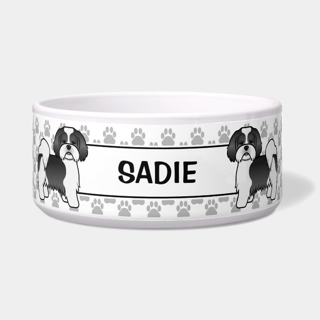 Black And White Lhasa Apso Dog With Paws & Name (Front)