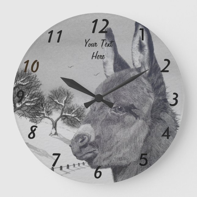 black and white lifelike drawing of cute donkey large clock (Front)