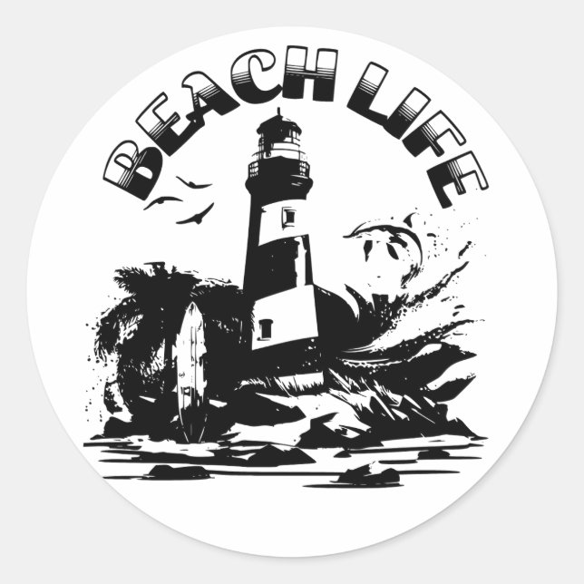 Black and White Lighthouse Beach Life Classic Round Sticker (Front)