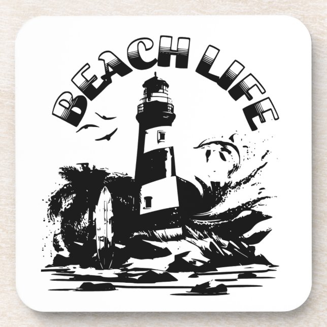 Black and White Lighthouse Beach Life Coaster (Front)