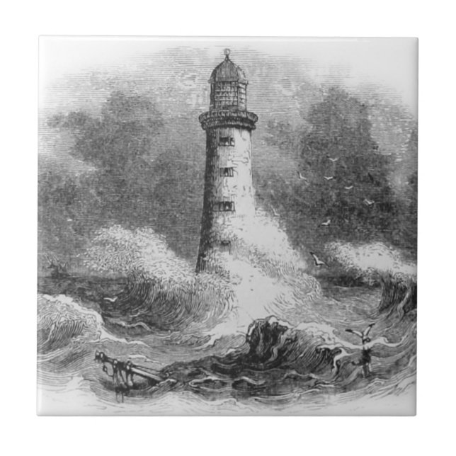 Black and White Lighthouse Etching Tile (Front)