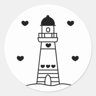 Black and White Lighthouse with Hearts Classic Round Sticker
